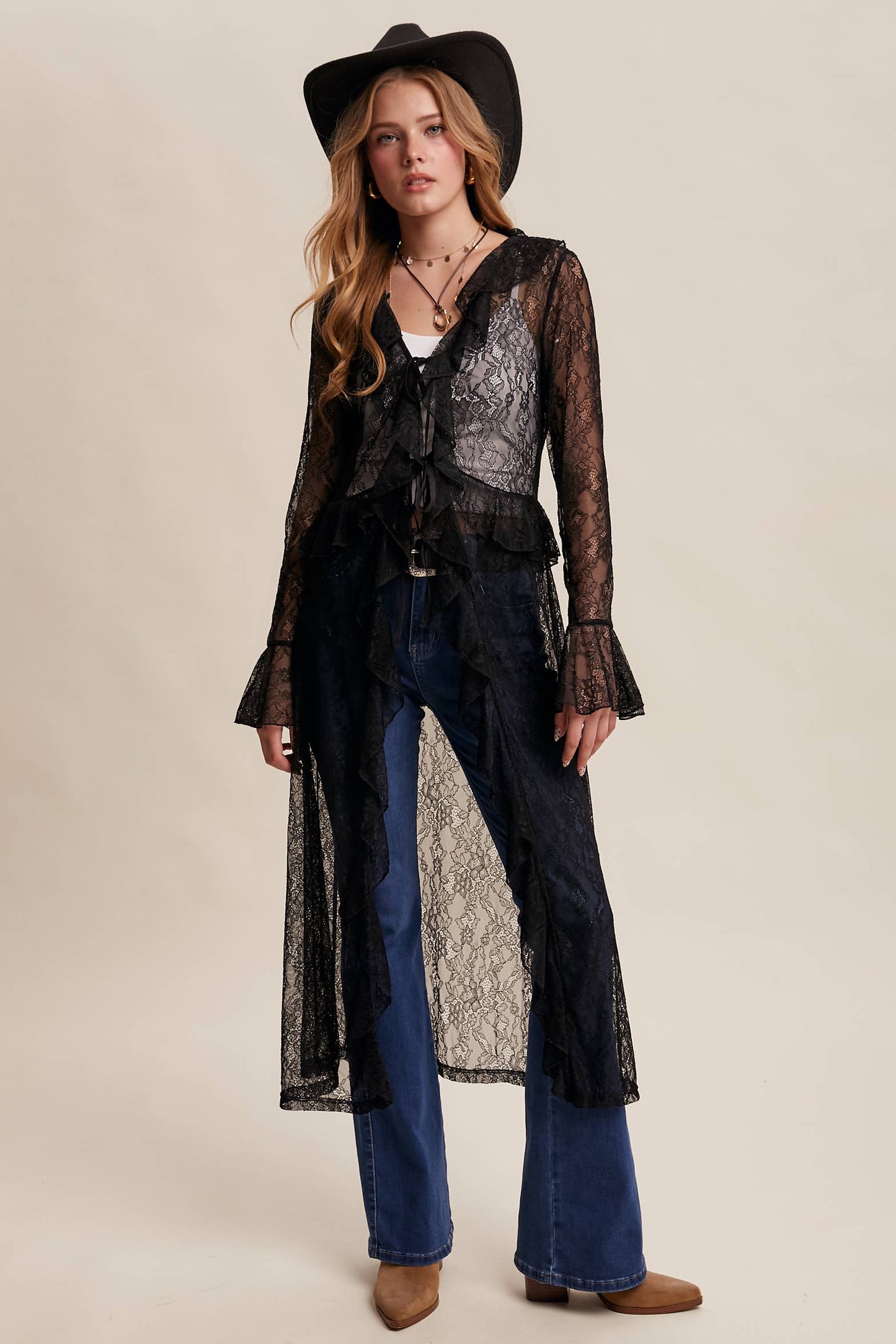 Black Sheer Lace Ruffle Duster