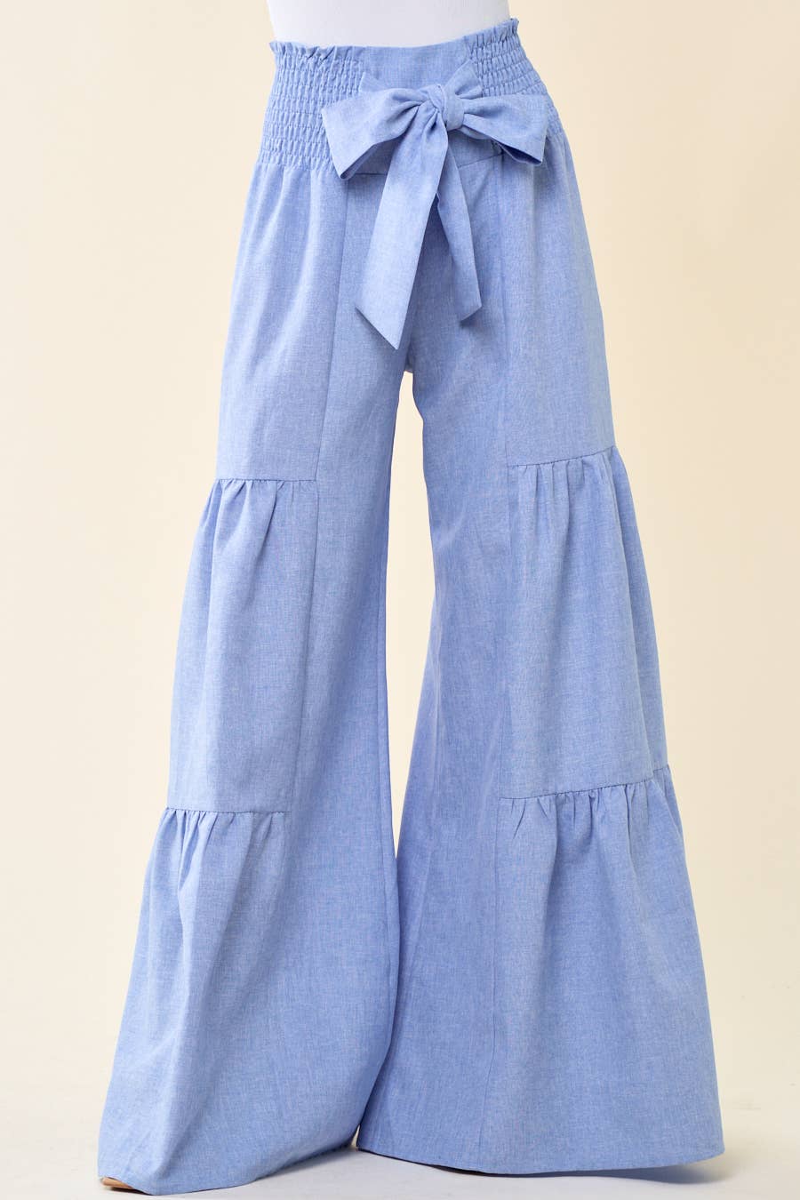 DENIM SMOCKING WAIST TIER WIDE PANTS