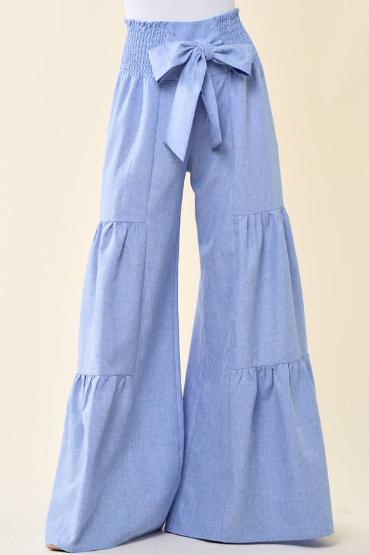 DENIM SMOCKING WAIST TIER WIDE PANTS