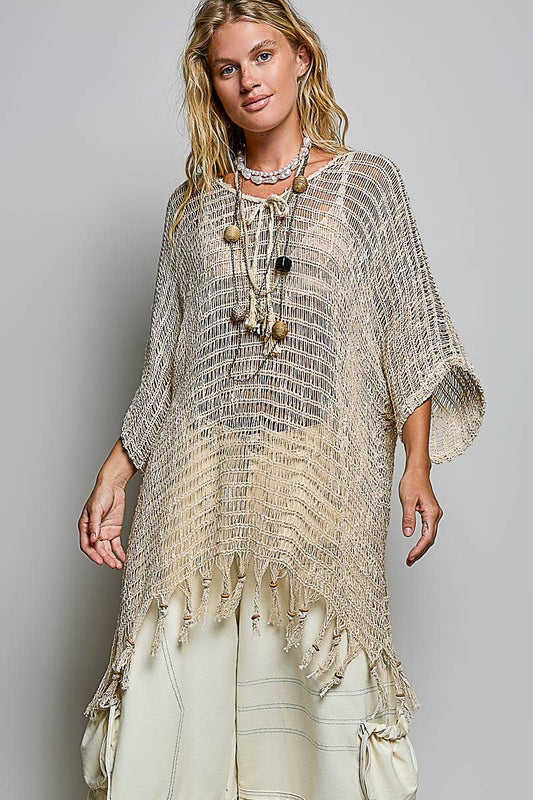 Boho Crochet Open Knit Tassel Fringe Poncho Top