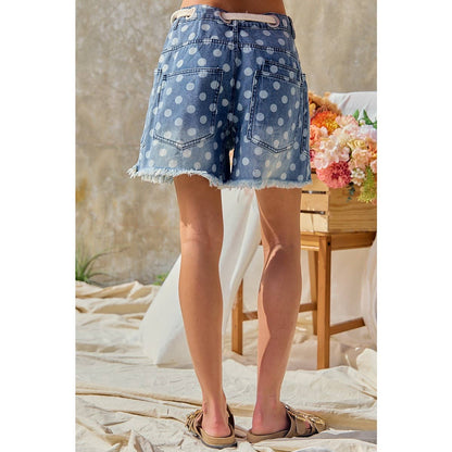 POLKA DOT PRINTED DENIM SHORTS WITH WAIST BELT