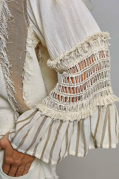 Raw Edge Contrast Panels Textured Woven Boxy Top