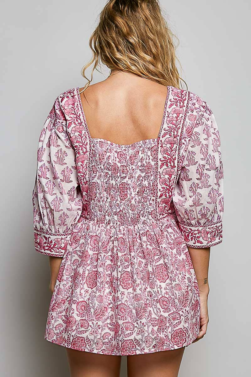 Boho Square Neck Gathered Waist Floral Block Print Blouse