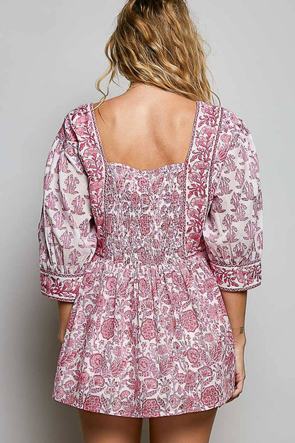 Boho Square Neck Gathered Waist Floral Block Print Blouse