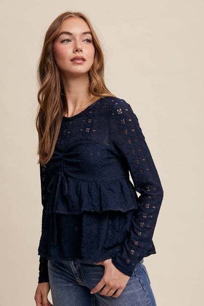 Stretch Lace Tiered Blouse with Drawstring Detail