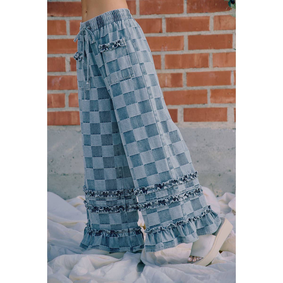 WASHED CHECKERBOARD DENIM RUFFLED DETAIL PANTS