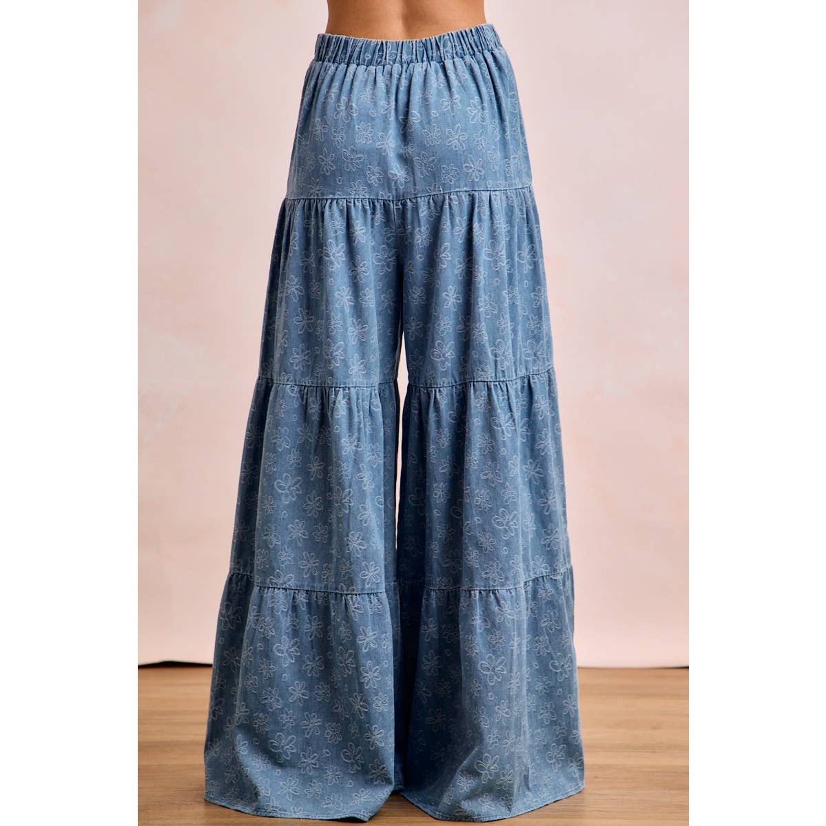 FLORAL TIERED FLARE DENIM PANTS