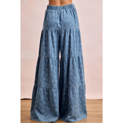 FLORAL TIERED FLARE DENIM PANTS