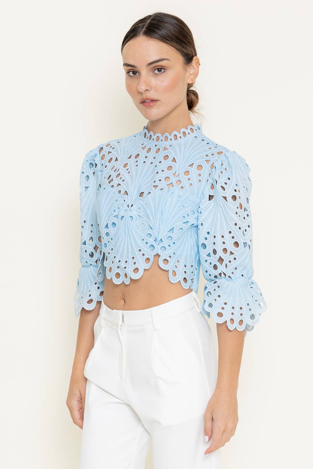 EYELET EMBROIDERY SCALLOP HEM CROP TOP