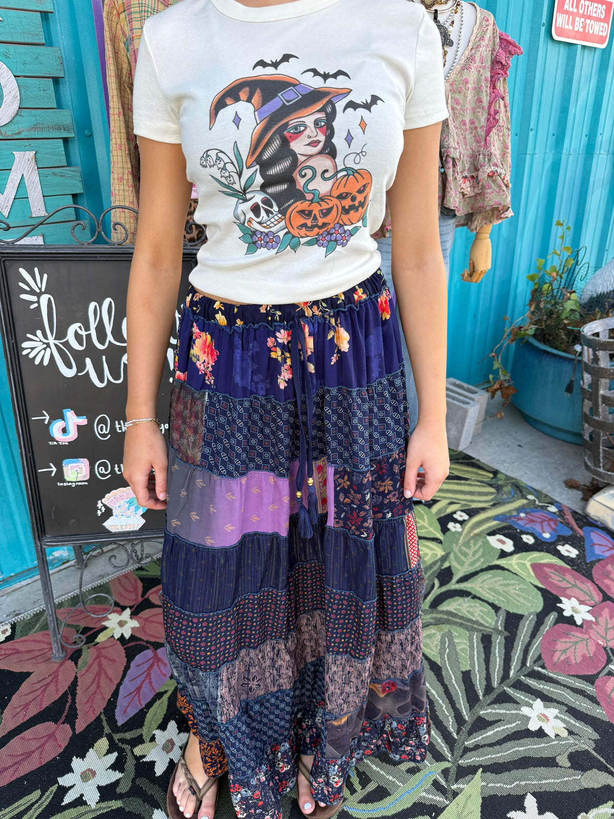 Patchwork Boho Ruffle Wide Flare Skirt