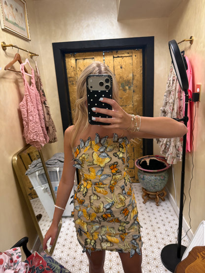 Butterfly Appliqué Strapless Embellished Mini Dress