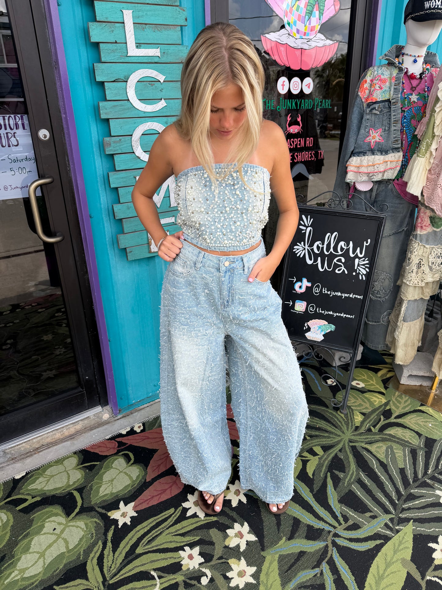 Pearl Beaded Bustier and Vintage Denim Pants Set