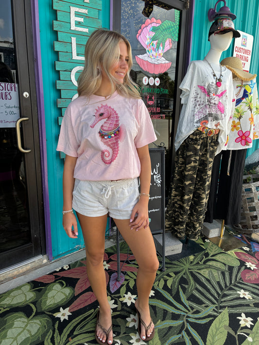 Jeweled Collar Seahorse on Light Pink Crew