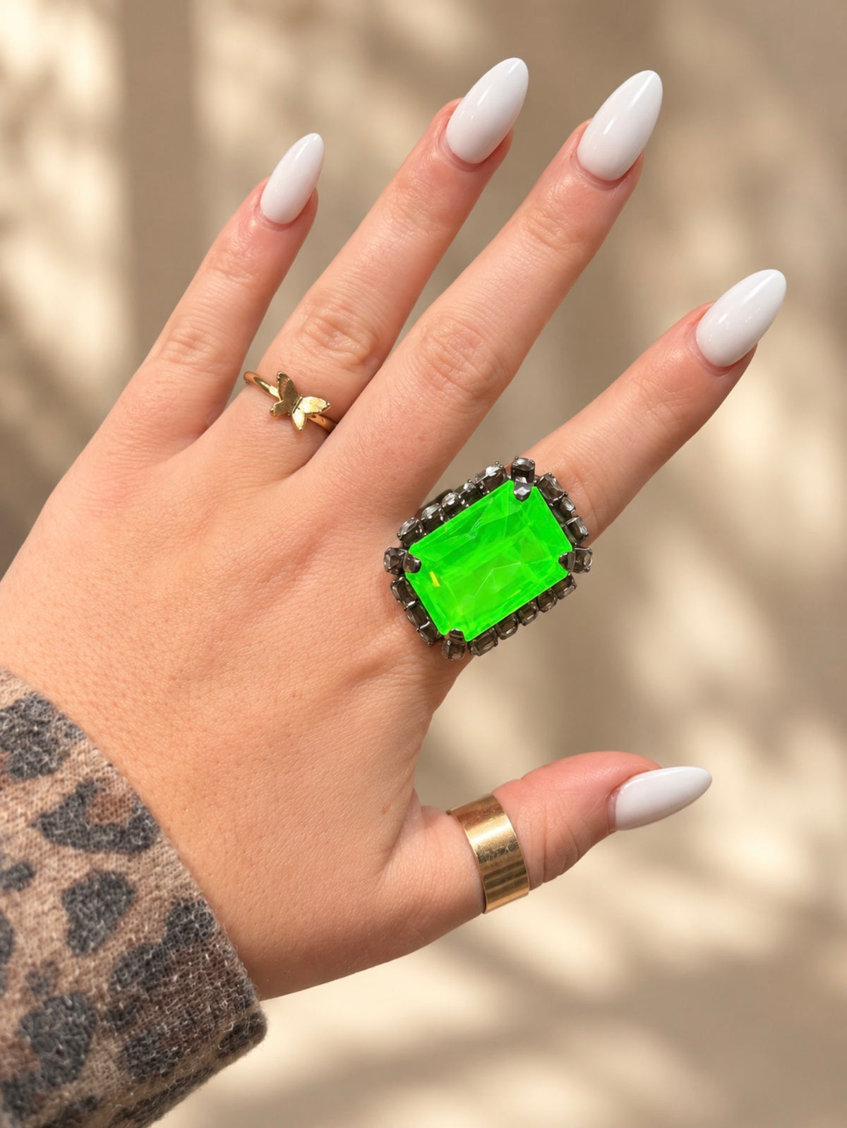 WETSTONE: Femme Fatale electric green Swarovski ring with Swarovski clear trim