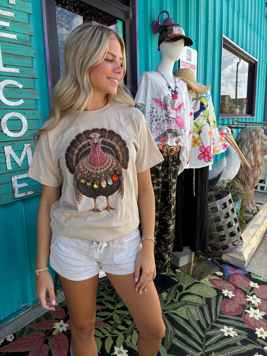 Jeweled Collar Turkey on Tan Crew