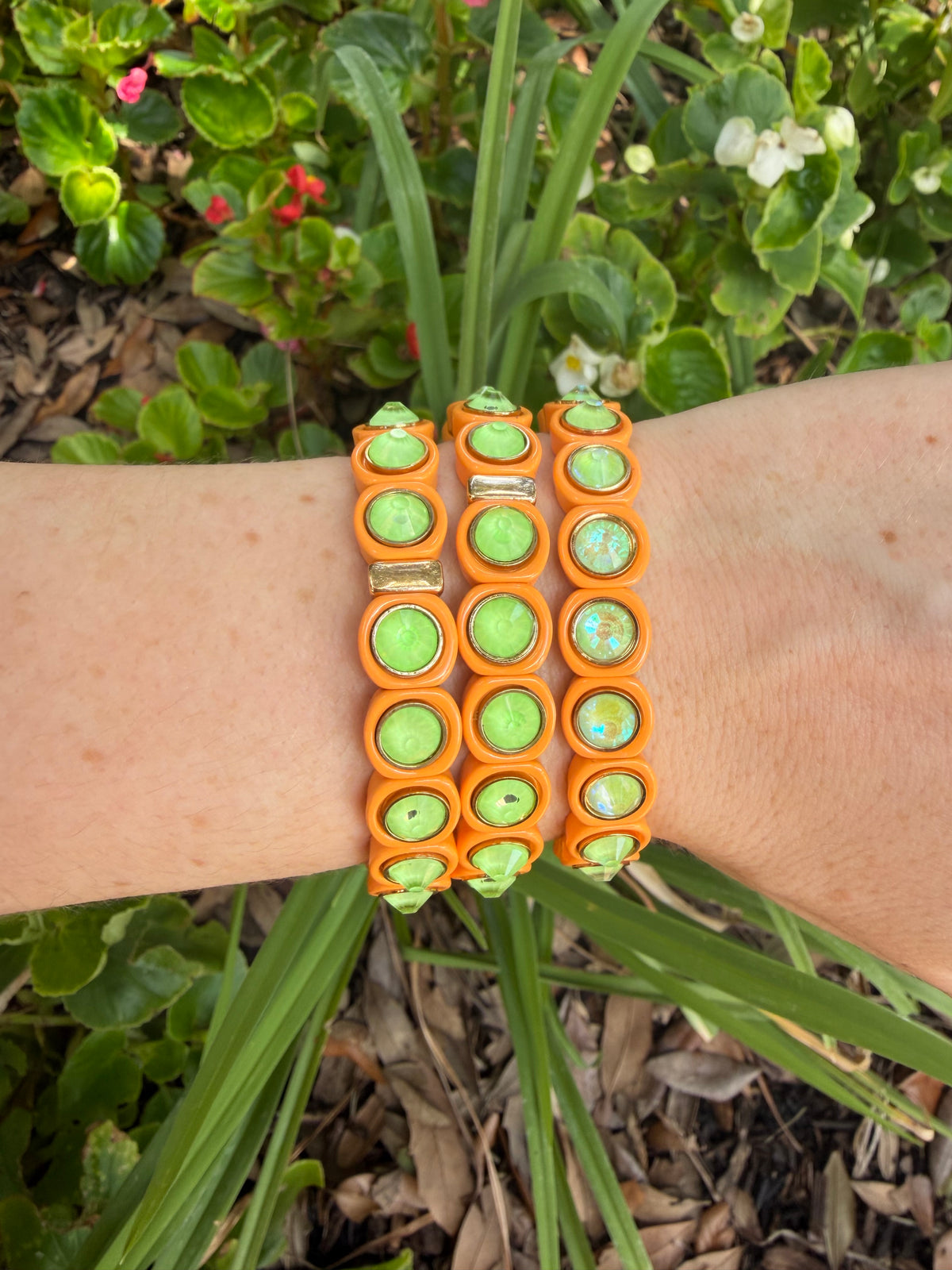 Orange and Green Enamel Stretch Bracelet