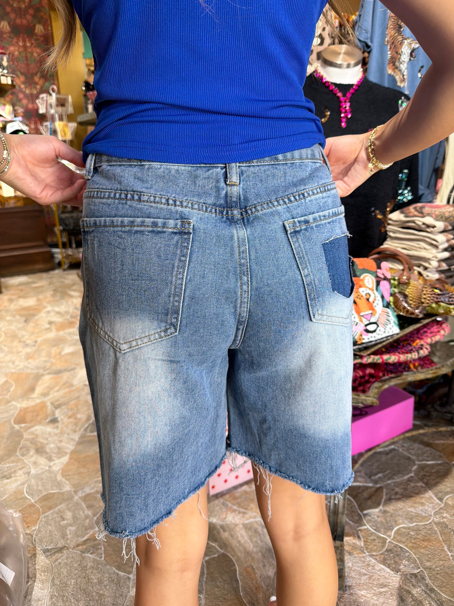 Beaded Rhinestone High Waist Distressed Denim Shorts