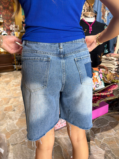 Beaded Rhinestone High Waist Distressed Denim Shorts