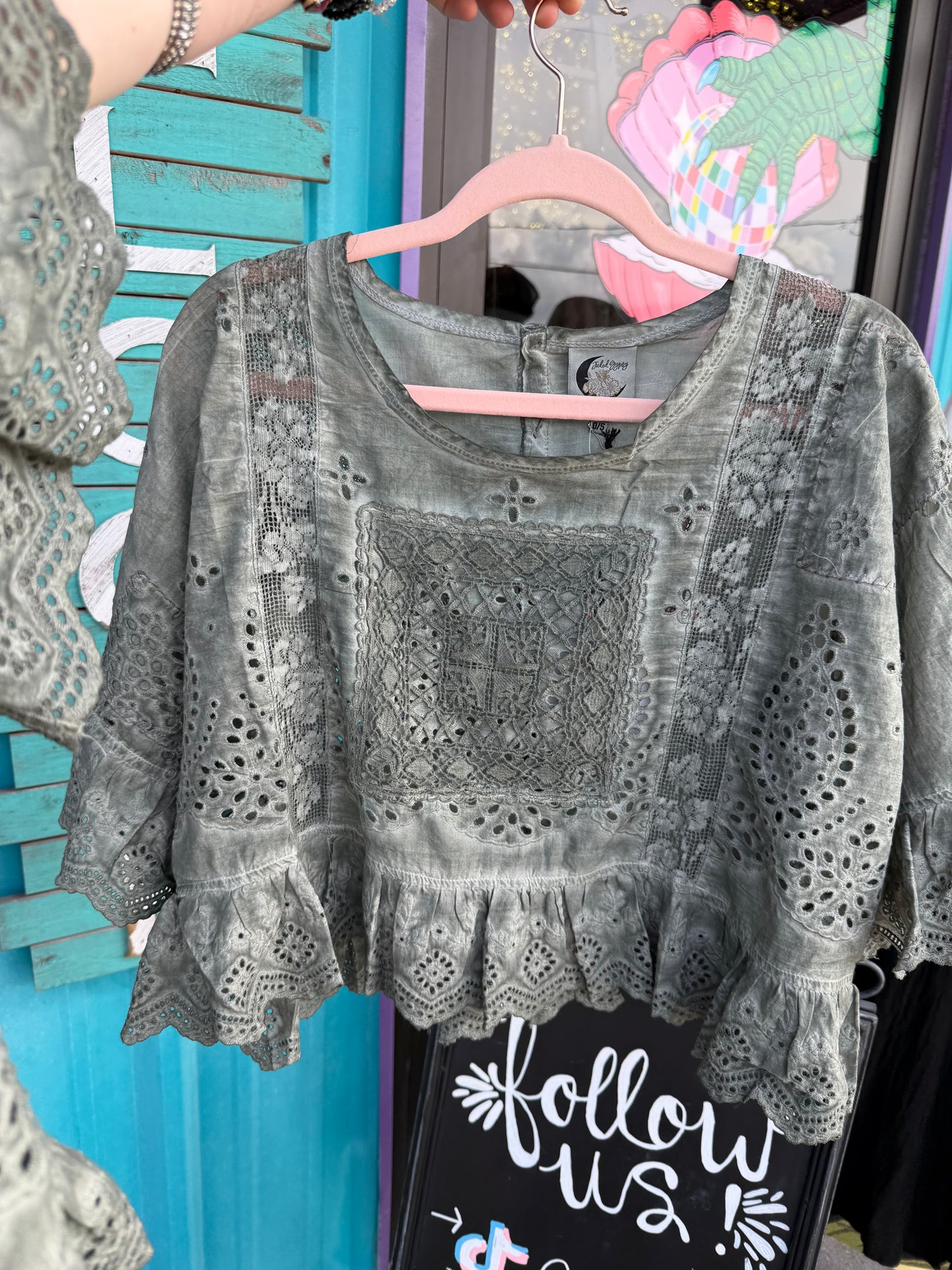 Charcoal Green Eyelet Blouse