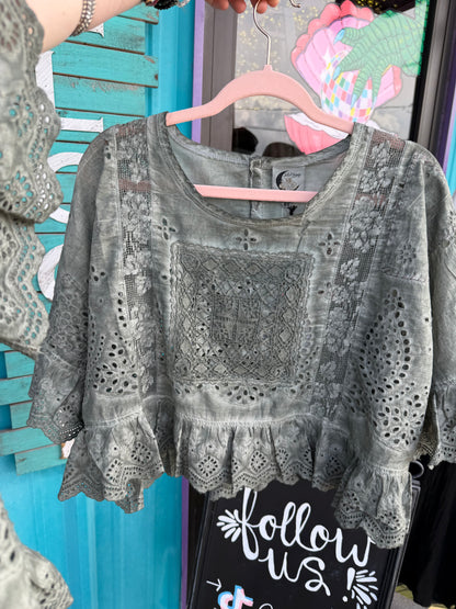 Charcoal Green Eyelet Blouse