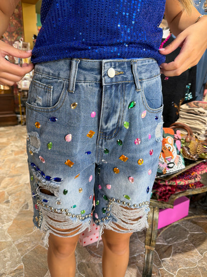 Beaded Rhinestone High Waist Distressed Denim Shorts