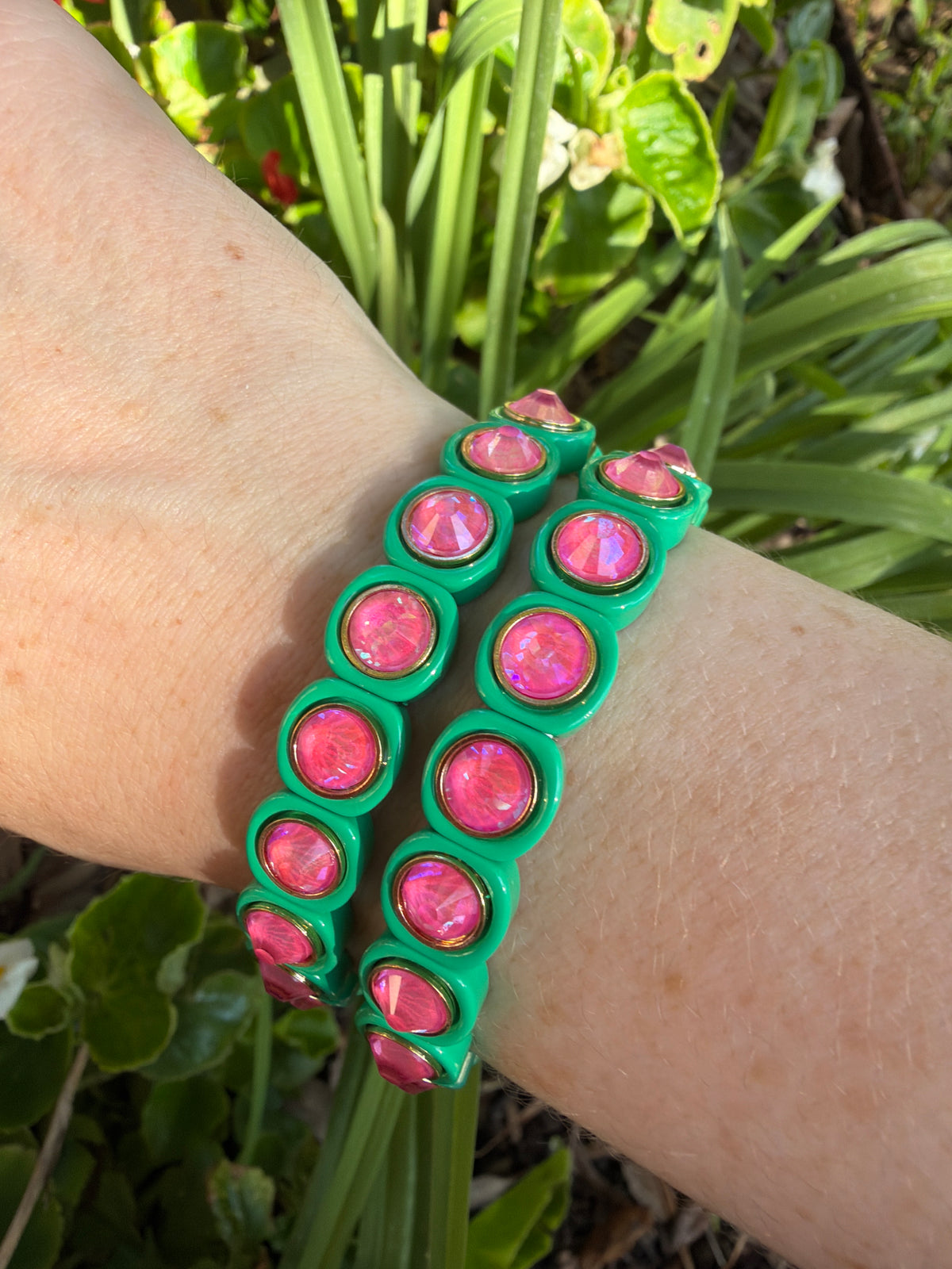 Green and Pink Enamel Stretch Bracelet