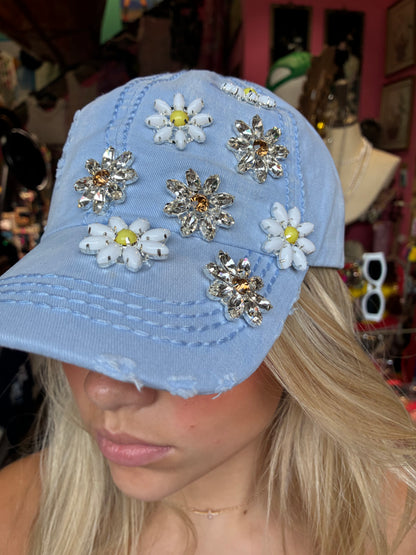 Daisy Bejeweled Bling Distressed Cap, Adjustable Multi colors available