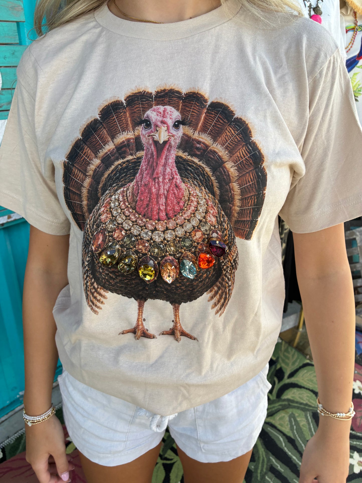 Jeweled Collar Turkey on Tan Crew