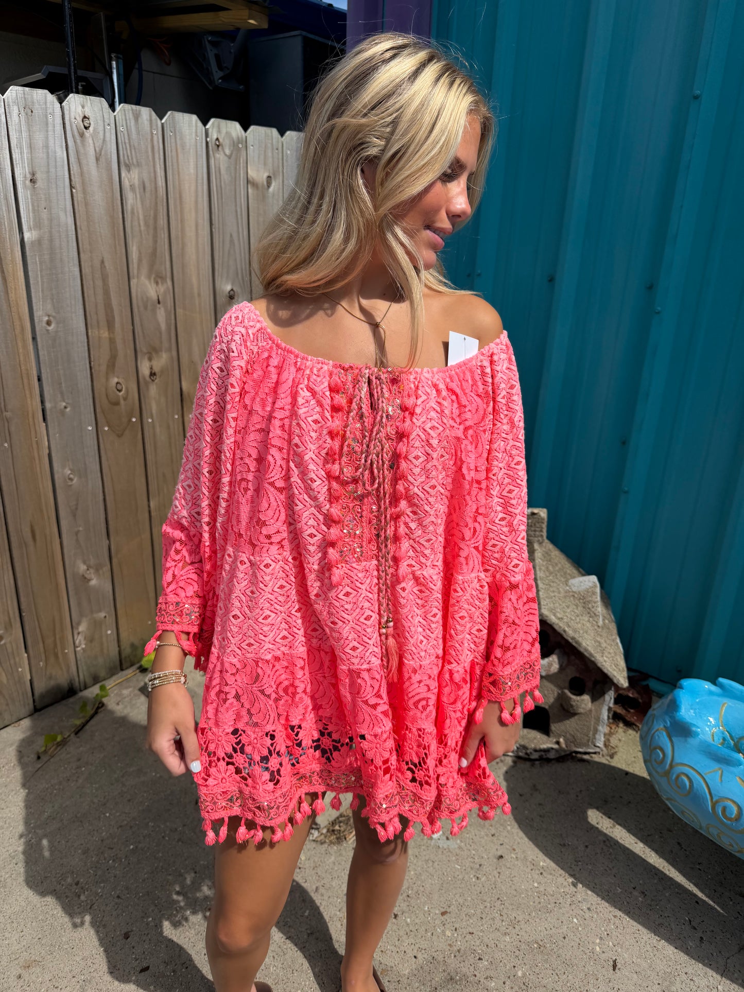 Boho Short Dress Lace Tassels — Pink