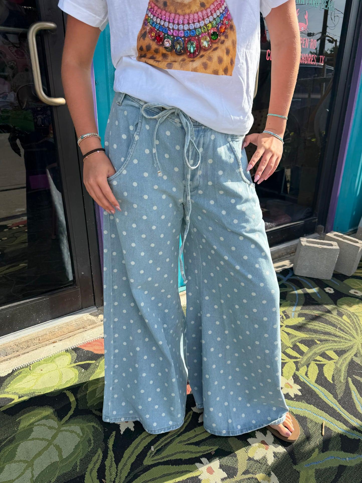 Polka Dot Wide-Leg Denim Pants