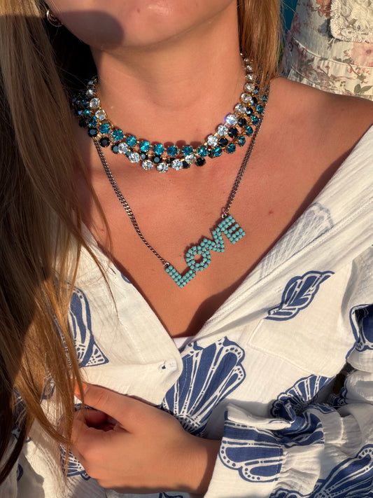 MINI LA LA LOVE NECKLACE IN ANTIQUE SILVER/TURQ
