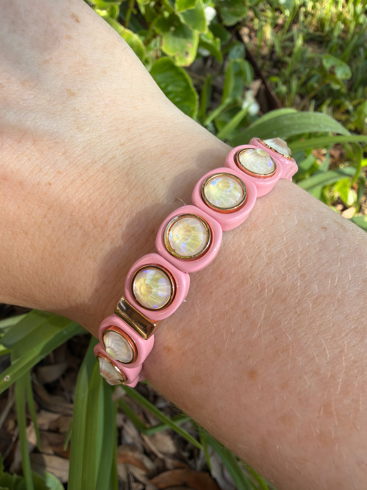 Pink and White Enamel Stretch Bracelet