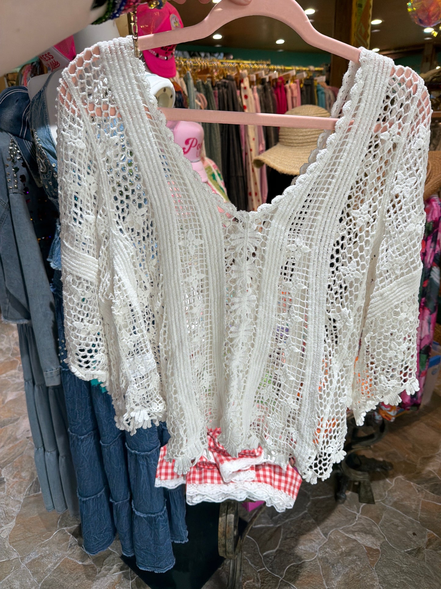 V-Neck Mesh Crochet Sweater Cotton One Size S/M