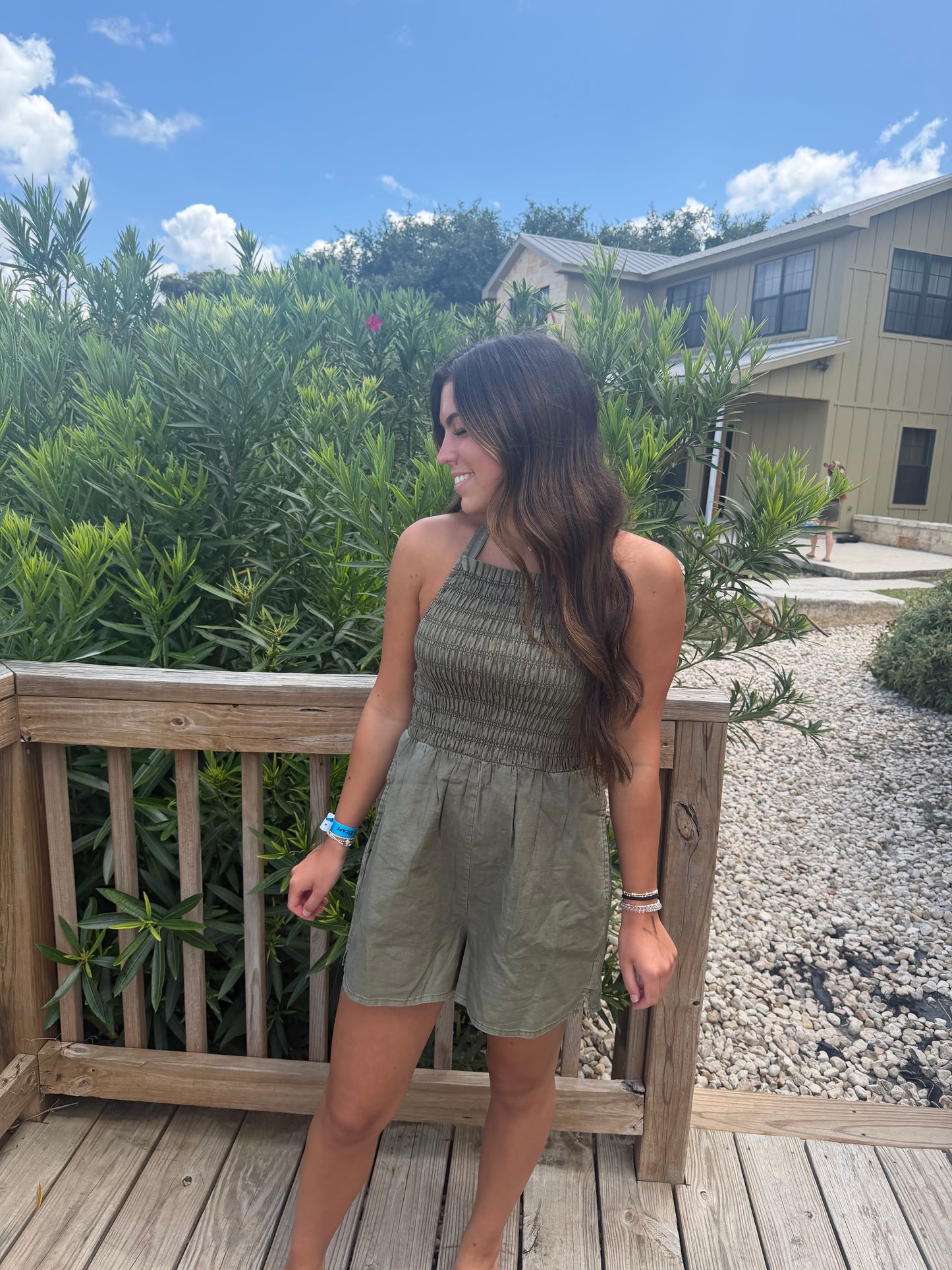 Olive Green Smocked Halter Romper