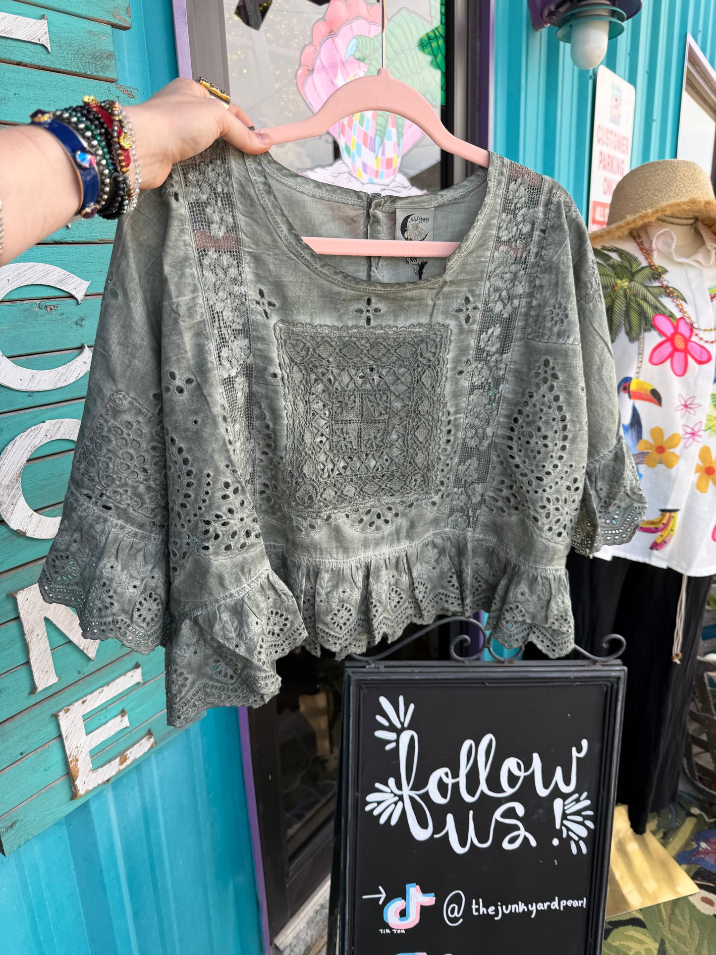 Charcoal Green Eyelet Blouse