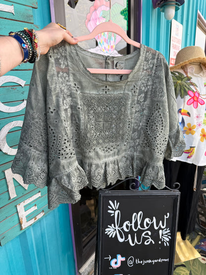 Charcoal Green Eyelet Blouse