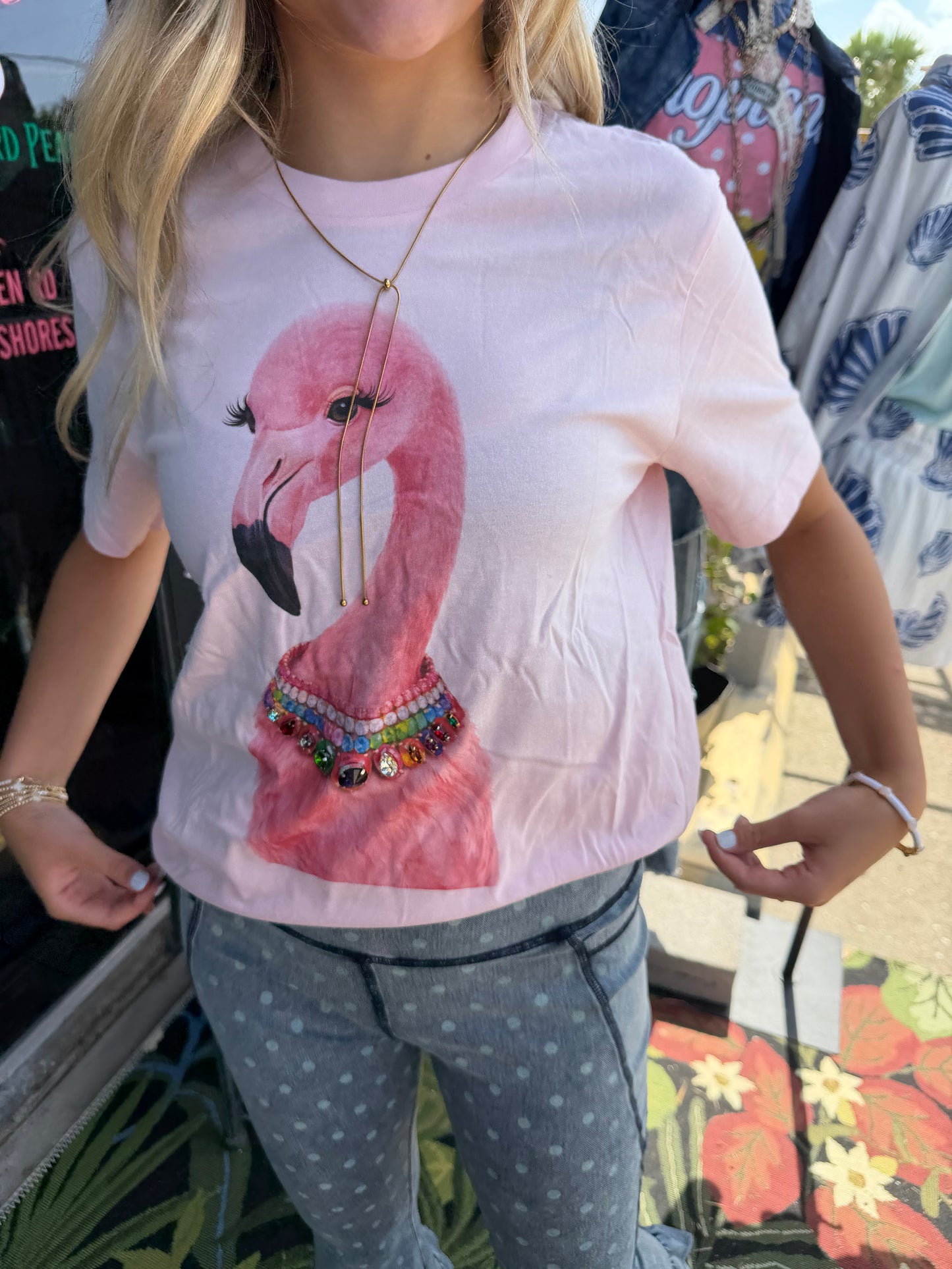 Jeweled Flamingo Light Pink Crew T-Shirt