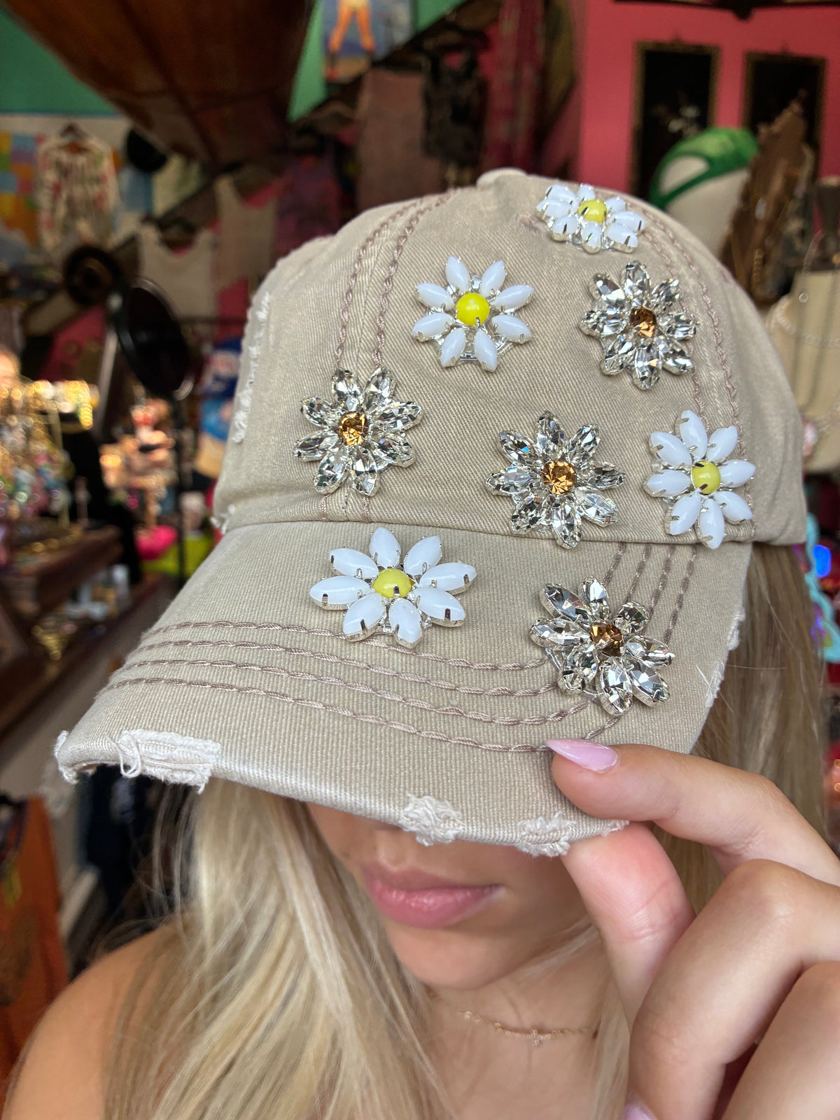 Daisy Bejeweled Bling Distressed Cap, Adjustable Multi colors available