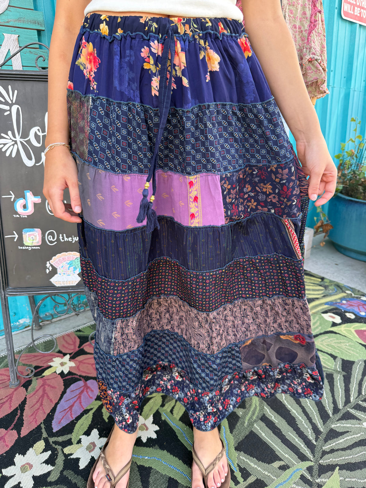 Patchwork Boho Ruffle Wide Flare Skirt