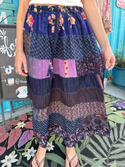 Patchwork Boho Ruffle Wide Flare Skirt
