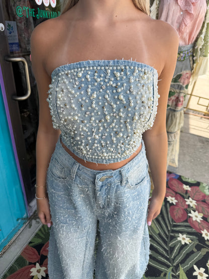 Pearl Beaded Bustier and Vintage Denim Pants Set
