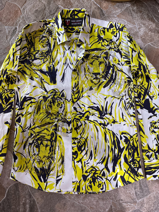 Lime Green Abstract Tiger Button Down Top
