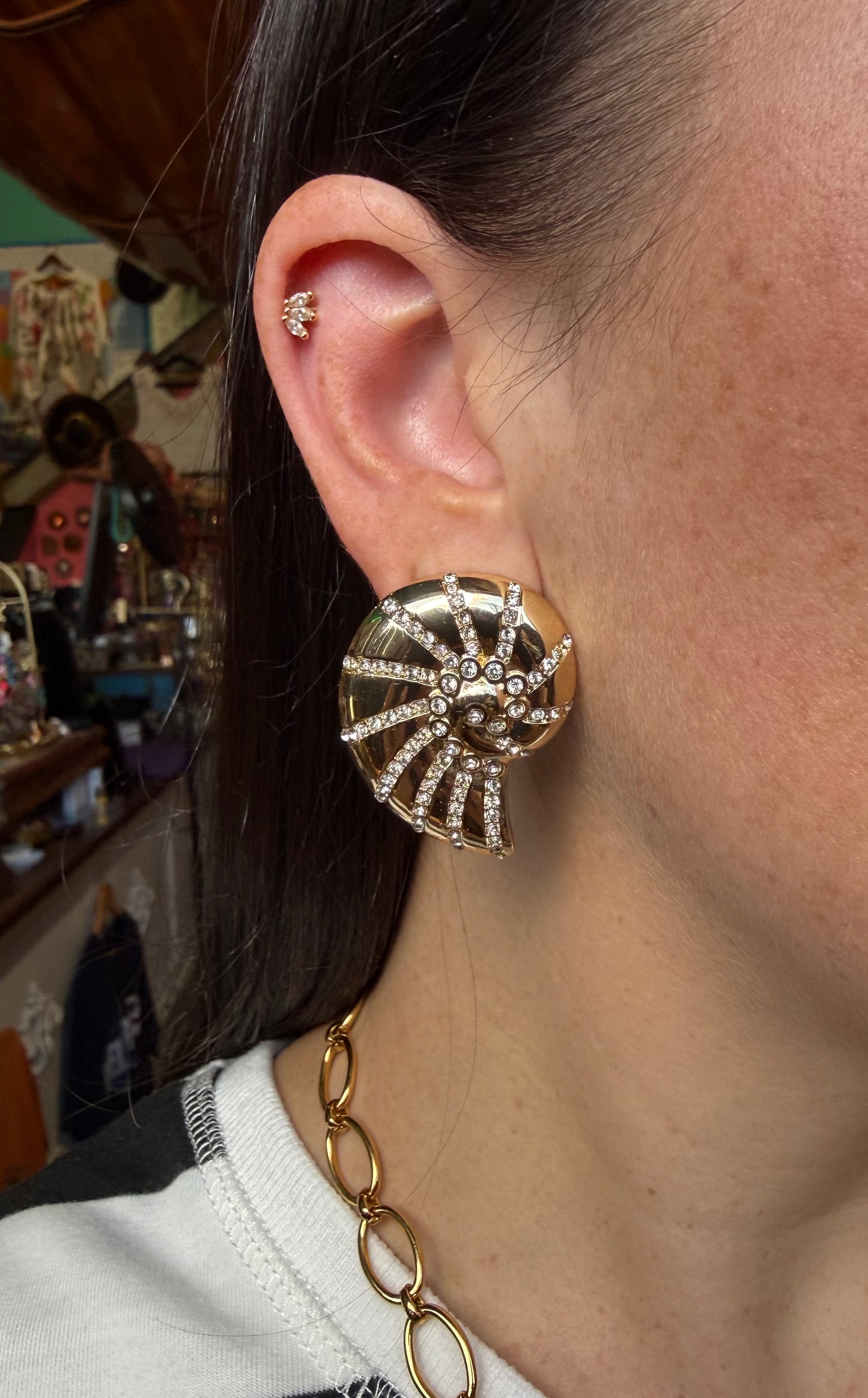 Crystal Studded Nautilus Shell Earrings