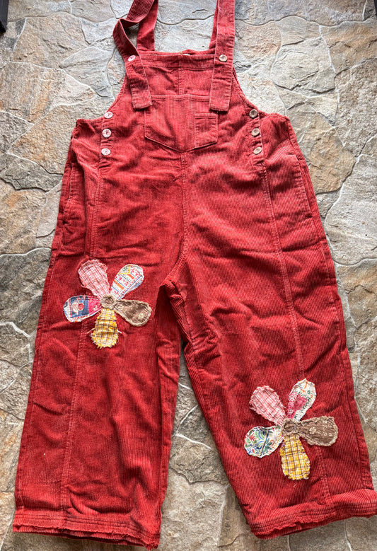 Red Corduroy Flower Patch Overalls
