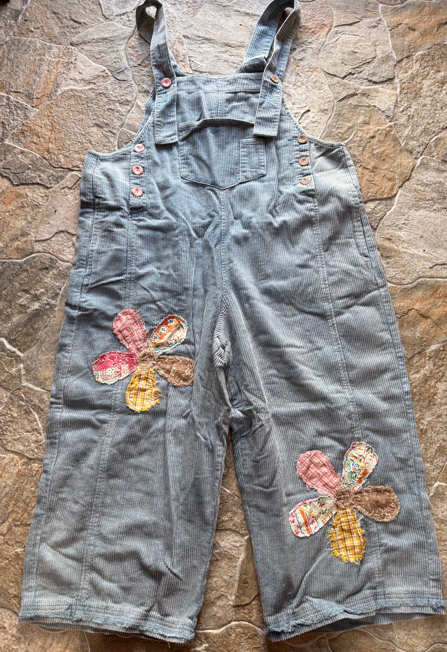 Denim Corduroy Flower Patch Overalls