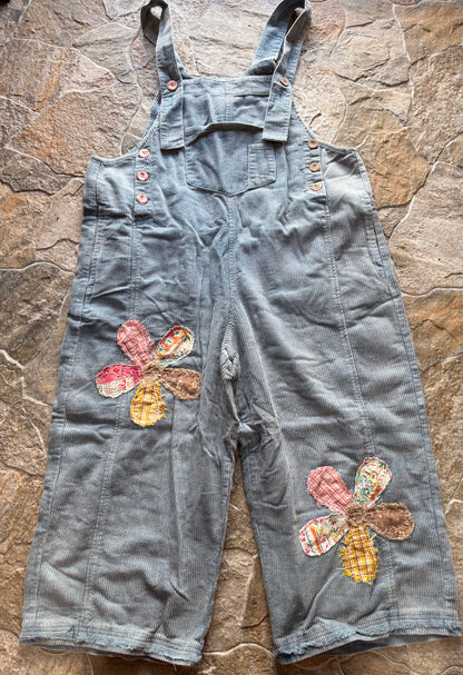 Denim Corduroy Flower Patch Overalls