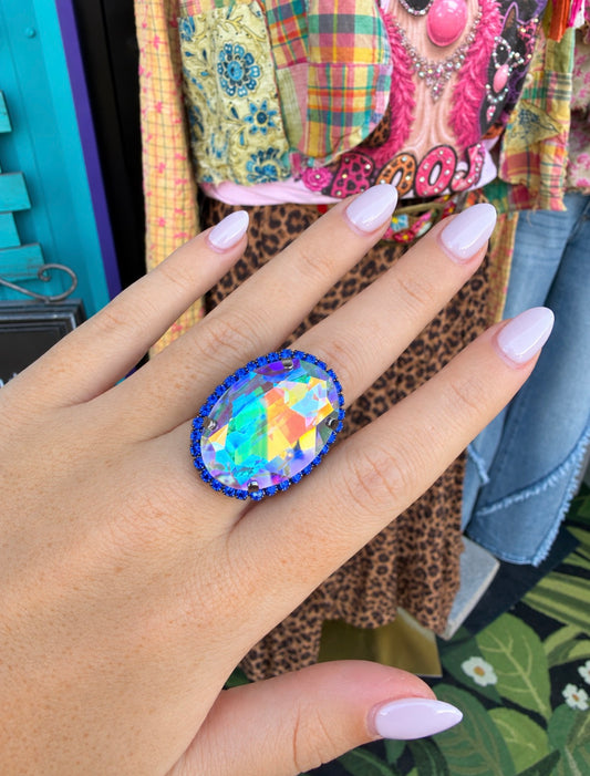 WETSTONE: Liz Taylor Crystal AB Ring w Blue trim