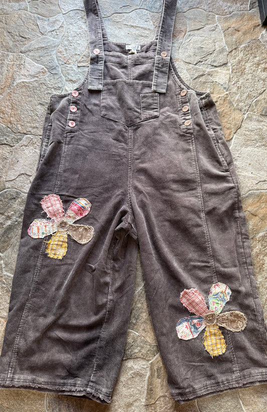 Mocha Corduroy Flower Patch Overalls
