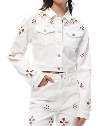 Cropped Embroidered Lace White Denim Jacket