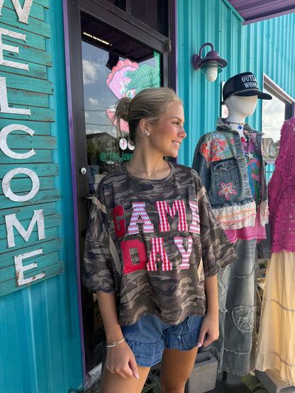 Game Day Washed Camo Loose Fit Sweatshirt Top